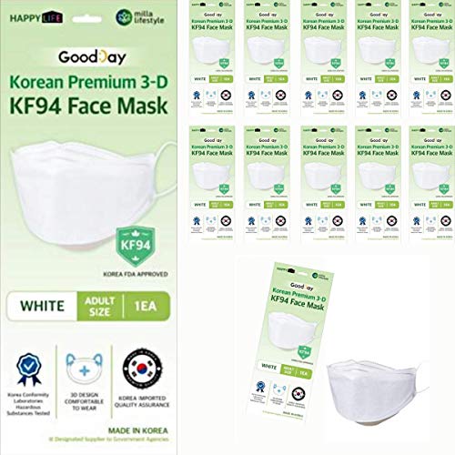 Mascarillas faciales blancas KF94 de 4 capas de filtros transpirables y cómodas, protección coreana, desechables, máscara antipolvo para la nariz hecha en Corea. PM2.5 Filtros, color blanco. De FLEXMON