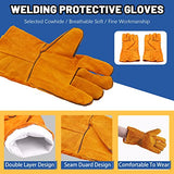 Glarks Juego de 3 protectores de trabajo de soldadura, incluye delantal de trabajo de soldadura de cuero, mangas de trabajo de soldadura y guantes de soldadura para soldadores, chimenea, barbacoa, jardinería, Amarillo, as picture shown