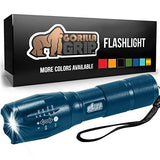 Gorilla Grip Linterna táctica LED de mano, ultra brillante, de larga duración, resistente al agua, 350 lúmenes, linternas con zoom de 750 pies, accesorios de campamento, equipo exterior, cortes de energía de emergencia, azul