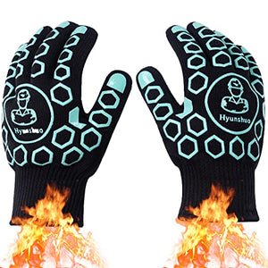 Hyunshuo Guantes de barbacoa que protegen hasta 1644 °F, resistentes al calor, guantes de barbacoa ignífugos, guantes de cocina de silicona antideslizantes para horno, tamaño universal para asar, cocinar, hornear (aguamarina)