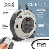 Black + Decker Retractable Extension Cord, 25 ft, 4 Outlets, 2 USB Ports (2.1A), 16AWG SJT Cable - Compact Power Cord Reel with Multi-Plug Extension, On/Off Switch - Retracting Extension Cord Wheel