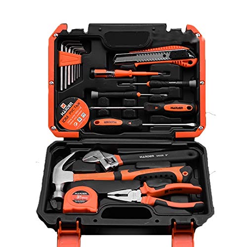 Edward Tools Harden juego de herramientas de 18 piezas – Kit de herramientas para el hogar general con martillo, alicates, destornilladores, llaves, cuchillo, cinta métrica – Caja de almacenamiento resistente – para el hogar, coche o eléctrico R