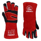 ANDELI Guantes de soldadura de forja de cuero, con costuras de Kevlar, guantes para soldador Mig/Stick/Tig/barbacoa/manejo de animales (14 pulgadas, rojo-negro)