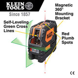 Klein Tools 93LCLG Nivel láser, autonivelante, nivel de línea cruzada verde de alta visibilidad con punto de fontanería rojo y abrazadera de montaje magnética