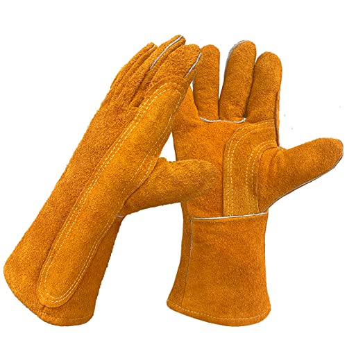 SLFC Guantes de soldadura resistentes al calor y al fuego, guantes de trabajo de seguridad de cuero de 14 pulgadas para barbacoa, horno, soldador Tig, jardín y manipulación de animales