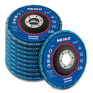 NEIKO 11145A Zirconia Flap Disc | 120 Grit | 10 Pack | 4.5-Inch x 7/8-Inch | Bevel Type #29 | 13,300 RPM | Premium and Industrial Grade | High Performance Edge Grinding