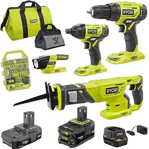 Ryobi Paquete súper combinado de 4 herramientas, 18 voltios ONE+ iones de litio inalámbrico con taladro/controlador, controlador de impacto, sierra alternativa, luz de trabajo, (2) baterías, cargador de 18 voltios, juego de brocas, bolsa de herramientas B