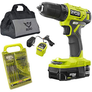 Conjunto de herramientas para el hogar Ryobi con taladro Ryobi 18V ONE +, brocas, herramientas para el hogar y linterna de bolsillo Buho