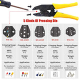 Hilitchi Kit de herramientas de crimpado de alambre, alicates de trinquete de terminales con 5 troqueles intercambiables, cortador de alambre/pelador, destornillador, llave de herramienta de extracción de terminales para terminales aislados no aislados o