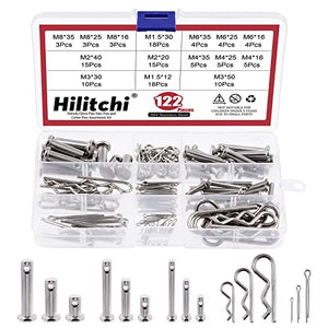 Hilitchi Juego surtido de 122 pines y clips de acero inoxidable 304, incluye 9 estilos M4, M6, M8, M1.5, M2, M3, Pin de acero chapado en zinc y clips R de retención de resorte