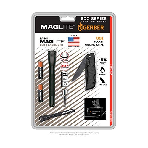 Maglite SP32TRK: Mini LED 2 celdas Aaa linterna y cuchillo Gerber Pack Negro