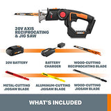 WORX WX550L 20V AXIS 2-in-1 Reciprocating Saw and Jigsaw with Orbital Mode, Variable Speed and Tool-Free Blade Change