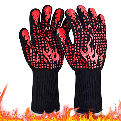 MSWKEY Guantes de Barbacoa, 1 Par Guantes de Horno Resistentes Al Calor Extremo hasta 800°C / 1472°F, Silicona Antideslizante Guantes de Cocina Universales para Parrilla, Hornear, Microondas y Chimenea Rojo