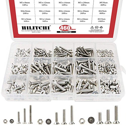 Hilitchi 460 piezas métricas M3 M4 M5 cabeza plana avellanada tornillos Kit surtido de tuercas de tornillo – acero inoxidable 304