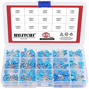 Hilitchi Kit surtido de condensadores de cerámica de alto voltaje DIP de 375 piezas [2KV 100pF - 10000pF] - 15 valores