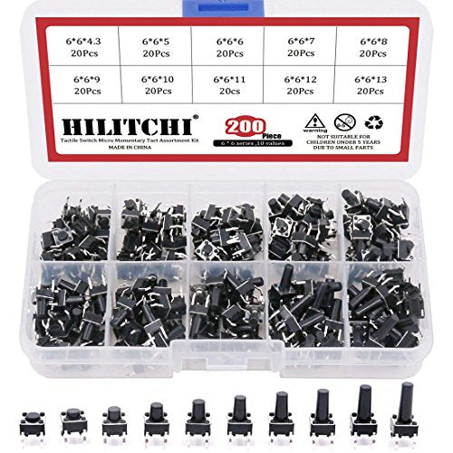 Hilitchi 200 piezas 6 x 6 mm pulsador táctil interruptor micro momentáneo tacto surtido – 10 valor/4 pines