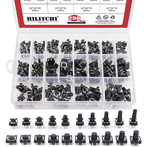 Hilitchi 250 piezas 6 x 6 mm 12 x 12 mm pulsador táctil interruptor micro momentáneo tacto surtido – 20 valor/4 pines